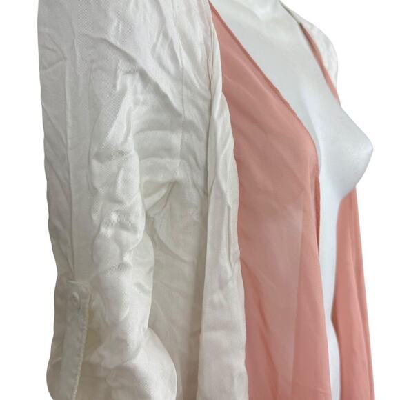 Laurie Solet LS Womens White Pink Open Boho Jacket Lightweight Roll Tab Sleeve M - Picture 4 of 14